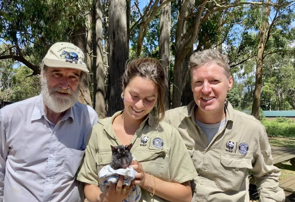 Trowunna Wildlife Sanctuary Owner Androo Kelly with Francesca Roncolato - WWF Rewilding Program Coordinator and WWF rewildling program manager Rob Brewster. Picture supplied 