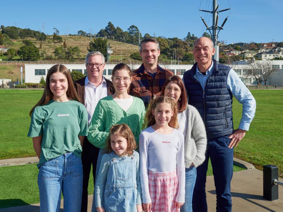 Sophia Geskus, Simon Wood, Isabella, Sylvia (front) Gerry (father), Chelsea and Kerrie Geskus and Guy Barnett at Tailrace Park. Picture Rod Thompson