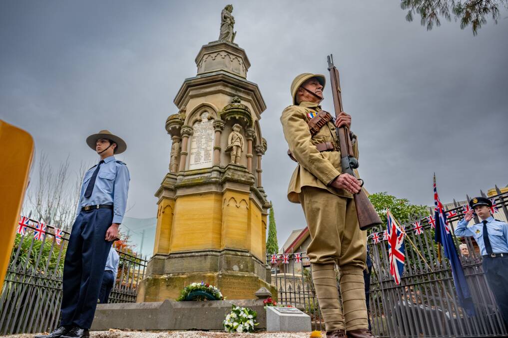 Acting Corporal Ashton Wright of the 508 City of Launceston Airforce Squadron and Wayne Binns dressed in British Field uniform. Picture by Paul Scambler 