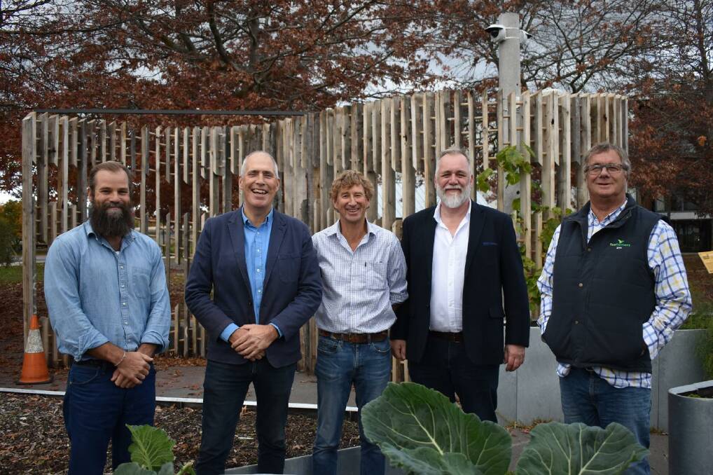 Sea Forest CEO Sam Elsom, Environment Minister Nick Duigan, Cressy farmer Richard Gardner, Tasmanian Institute of Agriculture Director Mike Rose and TasFarmers President Ian Sauer. Picture supplied 