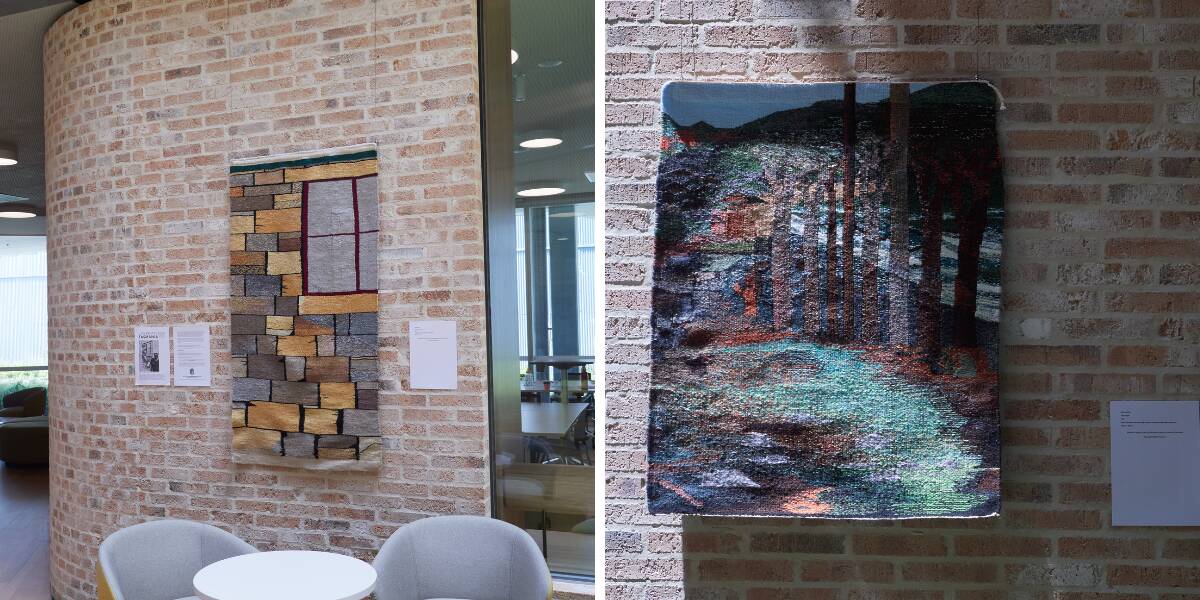 Michael Kay's textile art hanging at the University of Tasmania Rivers Edge building. Picture Rod Thompson