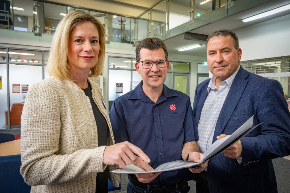 Tasmanian Labor Leader Rebecca White, Salvation Army Corps Officer Roderick Brown and Steven Brown CEO of City Mission at Salvation Army Launceston. 