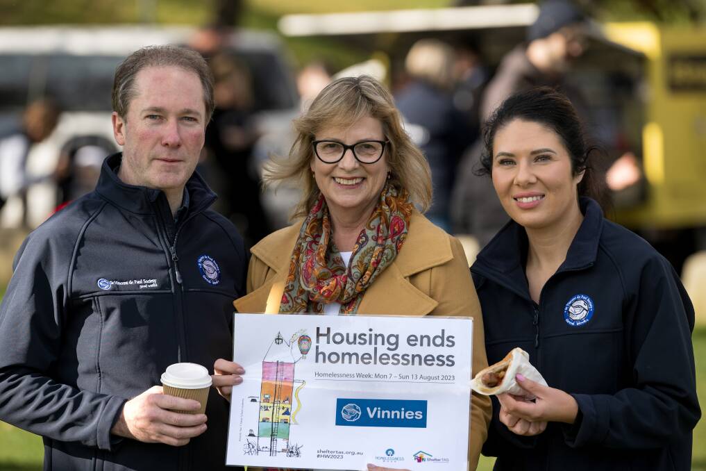 St Vincent de Paul Society Tasmania CEO Heather Kent, state president Corey McGrath and Northern Youth and Community Services manager Sam Grace. Picture Phillip Biggs