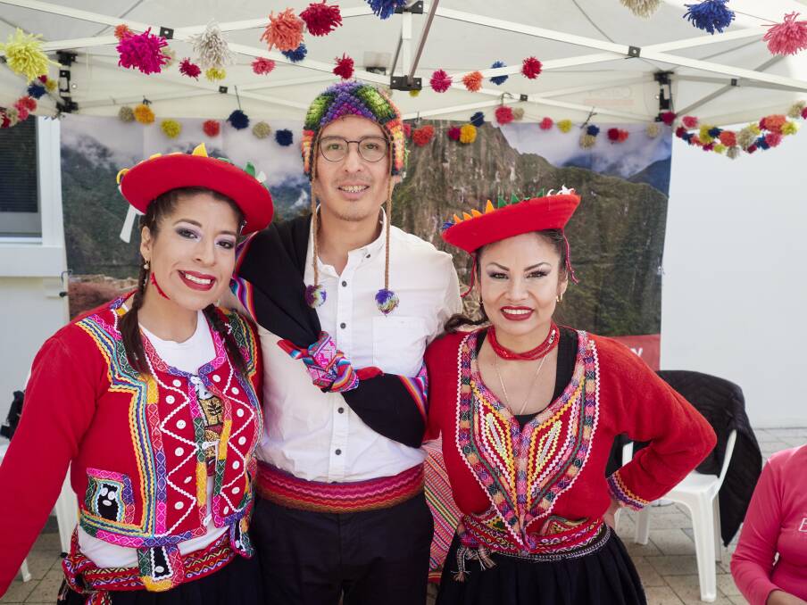 Ivelle Escobar, Billy Beas and Giovanna Carlos Balbin from Peru at Harmony Week opening at World Street Eats. Picture by Rod Thompson