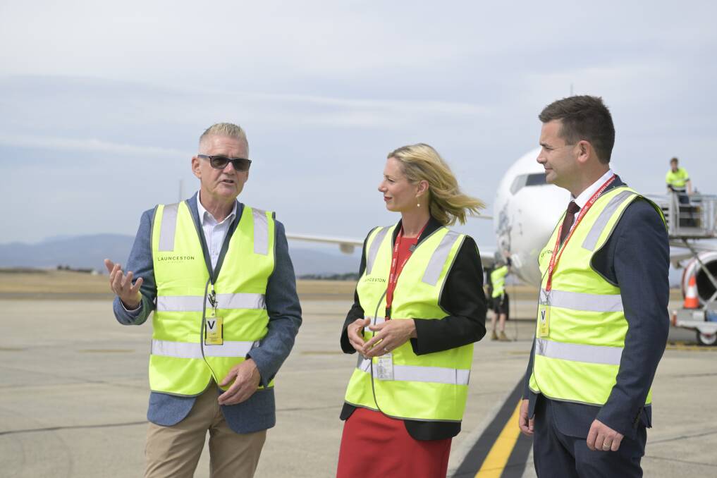 Launceston Airport CEO Shane O'Hare with Labor leader Rebecca White and Labor energy spokesperson Dean Winter. Pictures by Phillip Biggs