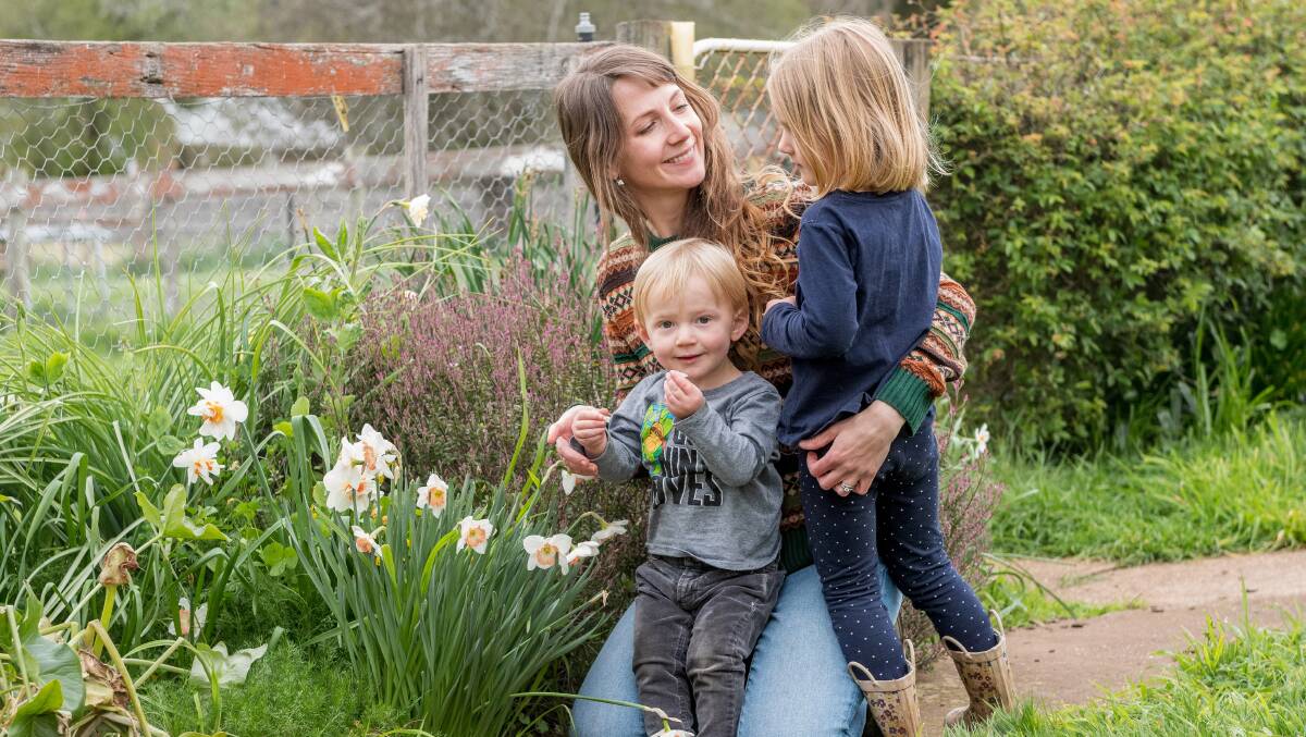 Amy Dillon of Westbury with her children Aidan and Nina. Picture: Phillip Biggs.