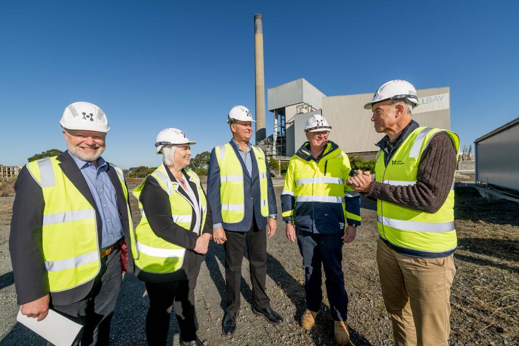 Abel Energy CEO Michael Van Baarle, Bell Bay Advanced Manufacturing Zone CEO Susie Bower, George Town Mayor Greg Kieser, Hydro Tasmania CEO Ian Brooksbank and Energy Minister Guy Barnett at the Bell Bay site. Picture by Phillip Biggs