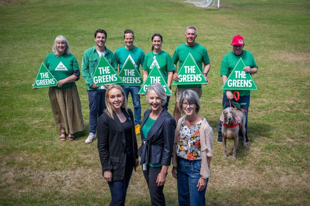 Greens Leader Rosalie Woodruff MP, with candidates Cecily Rosol for Bass and Tabatha Badger for Lyons.