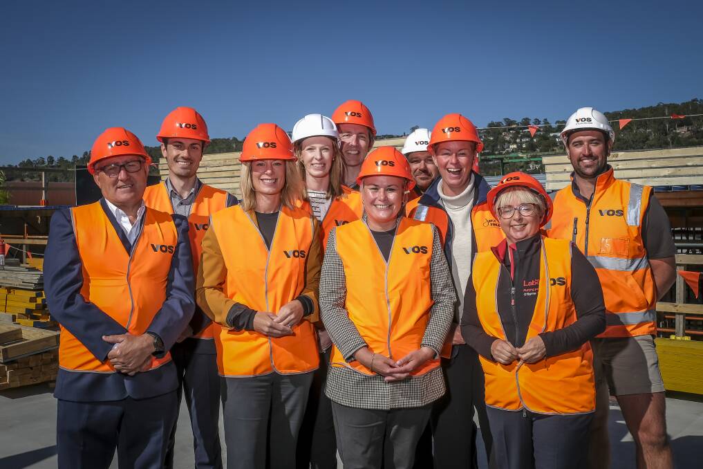 Labor leader Rebecca White and Labor party candidates along with Dr Jaclyn O'Keefe, Dr Jerome Muir Wilson and VOS construction staff at Launceston Health Hub. Picture by Craig George. 