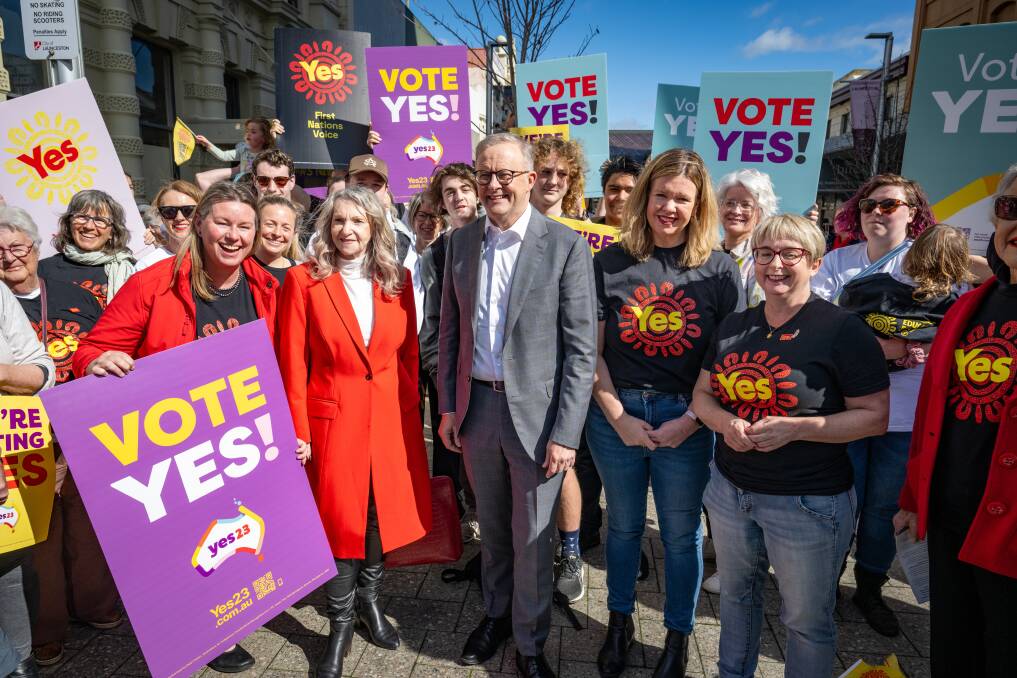 Prime Minister Anthony Albanese with Launceston Yes supporters on the Voice to Parliament Referendum. Picture Paul Scambler
