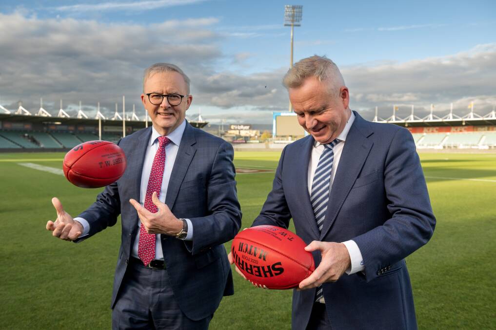 Prime Minister Anthony Albanese announces funding for UTAS Stadium with Premier Jeremy Rockliff. Picture Phillip Biggs