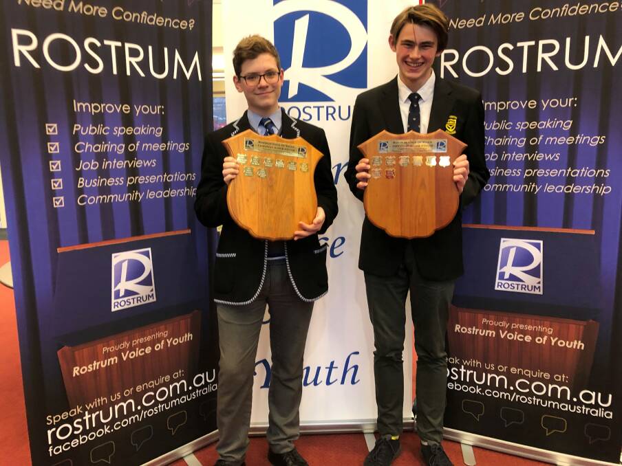 Launceston College students Oliver Tiernan and Kuba Meikle, who will represent Tasmania at the Rostrum Voice of Youth national final in Melbourne. Picture supplied