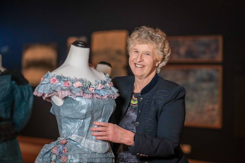 Artist Stephanie Reynolds with her wearable paper art dress. Picture Craig George