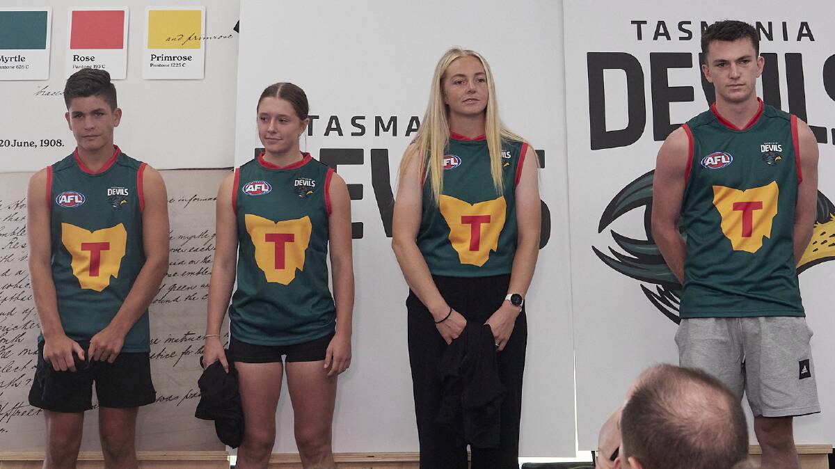 Jack Blackwell, Aya Cootam, Emily Mckinnell and Liam Jones unveiled the foundation guernsey at the Launceston launch site. Picture by Rod Thompson/Solstice Digital