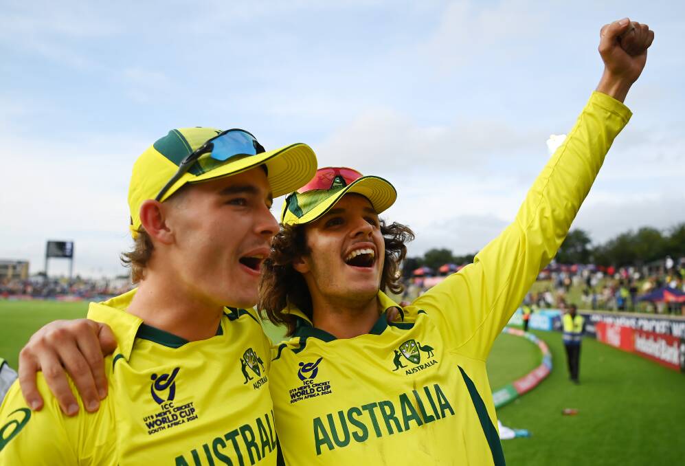Players Aidan OConnor and Sam Konstas celebrate following Australia's under-19 cricket world cup final win against India in South Africa. Picture by Alex Davidson-ICC/ICC via Getty Images
