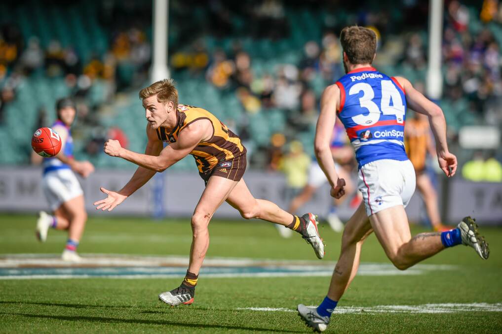 Hawthorn's Harry Morrison and Western Bulldogs' Bailey Williams during the last match between the two sides at UTAS Stadium in 2021. Picture by Craig George