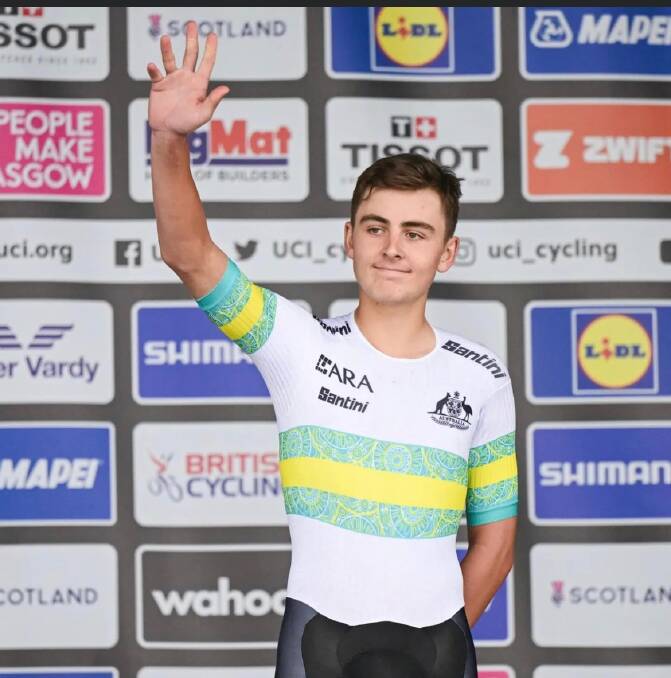 Launceston's Hamish McKenzie waving to the crowd following his podium finish at the Glasgow cycling world championships. Pictures supplied