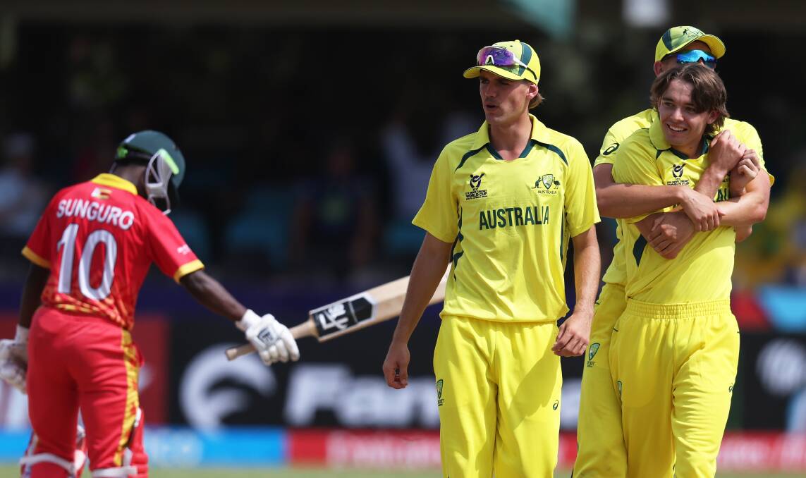 George Town and Riverside product Aidan O'Connor his first wicket for Australia after dismissing Zimbabwe's Brandon Sunguro at the ICC under-19 men's Cricket World Cup in South Africa. Picture by Matthew Lewis-ICC/ICC via Getty Images