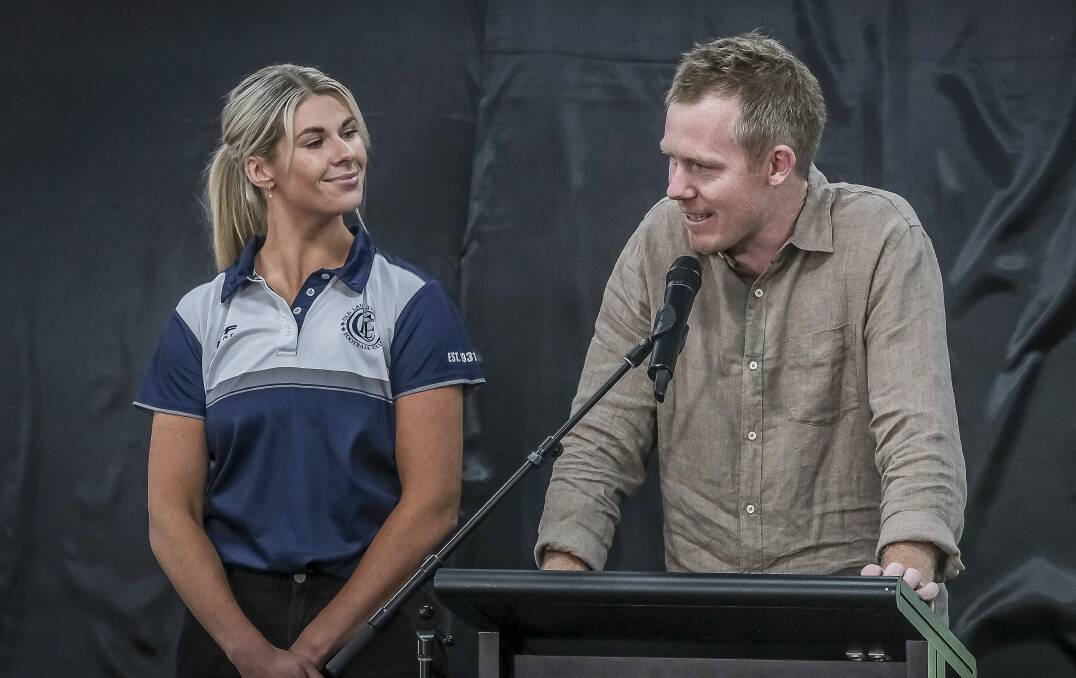 Abbey Green and Jack Riewoldt led the announcements at the Launceston Tasmania Devils launch. Pictures by Craig George