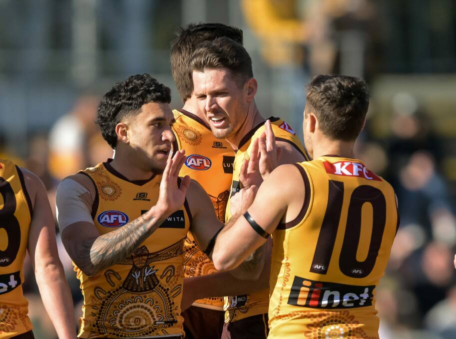 Tyler Brockman celebrates one of his two goals in Hawthorn's 22.10 (142) to 4.2 (26) defeat of West Coast in Launceston. Picture by Phillip Biggs