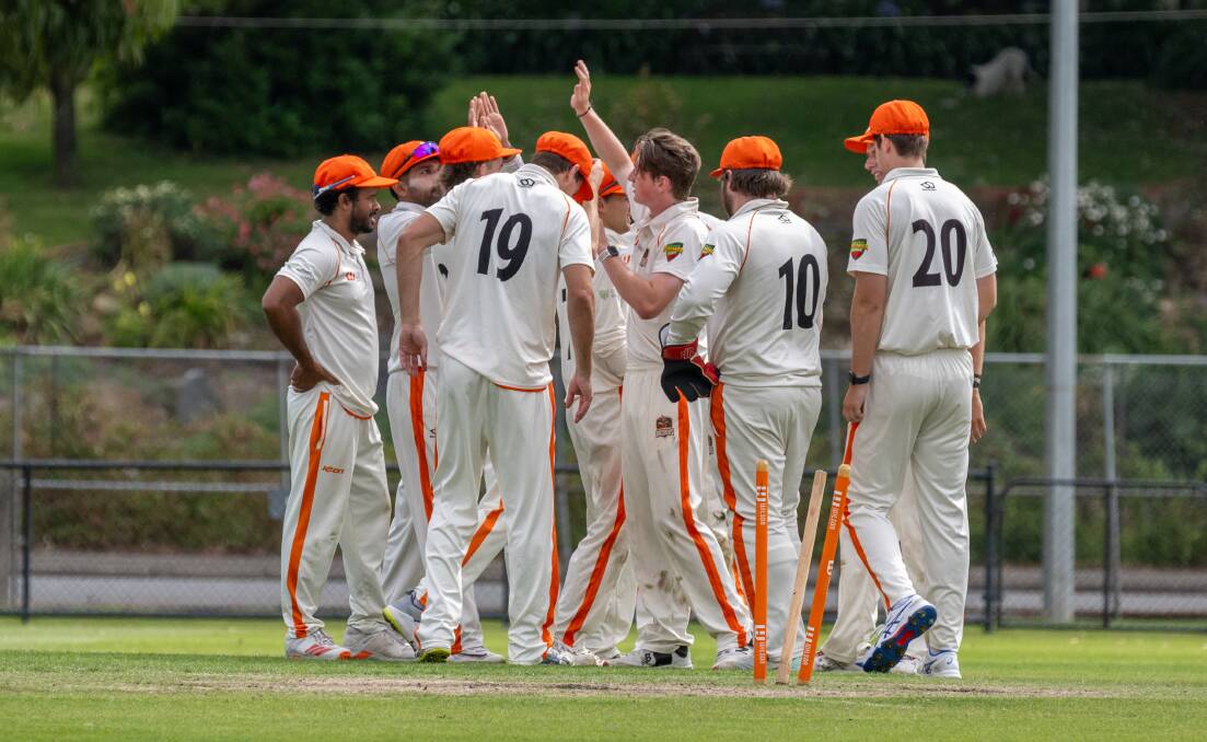 Raiders players celebrate after Lachlan Clark took a wicket on Saturday. Picture by Paul Scambler