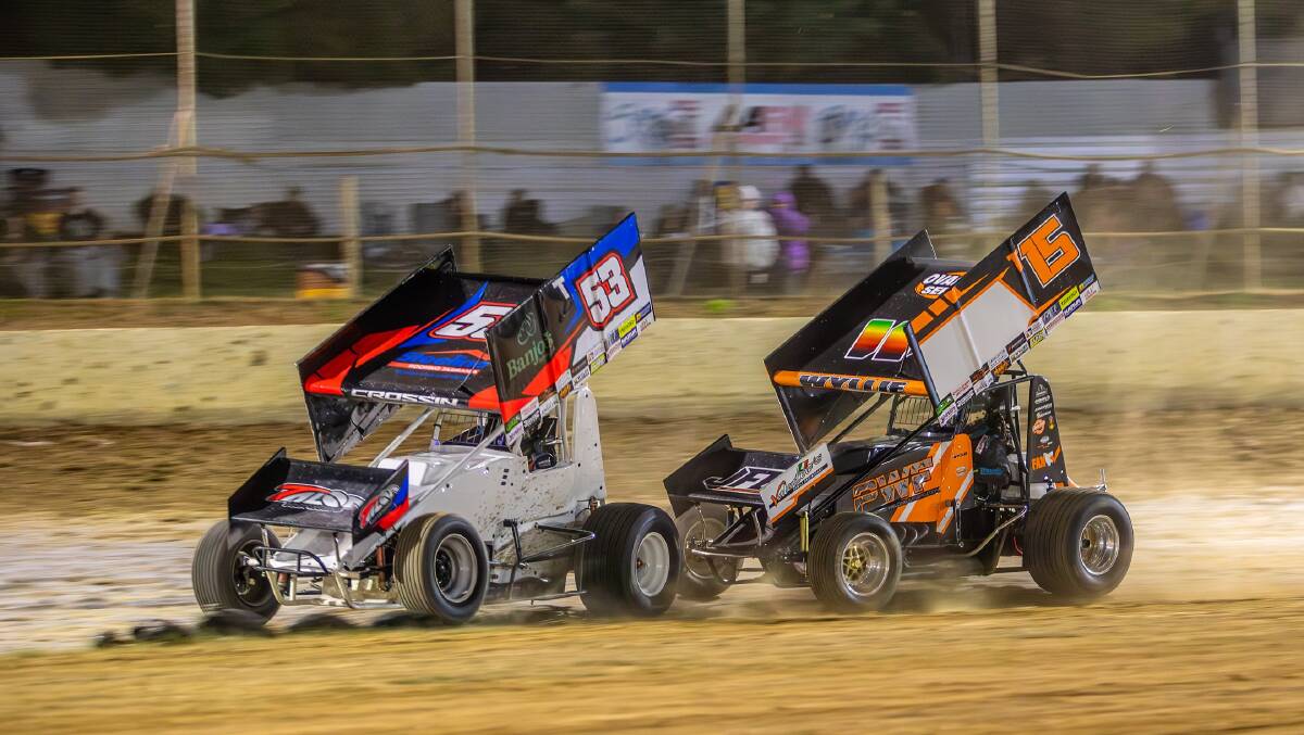 Jack Crossin leads Ethan Wylie at Latrobe speedway three weeks ago. Picture by Angryman Photography