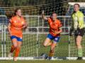 Imogen Donoghue and Meg Connolly bundle Riverside's first goal in past United keeper Jaz Venn. Picture by Phillip Biggs