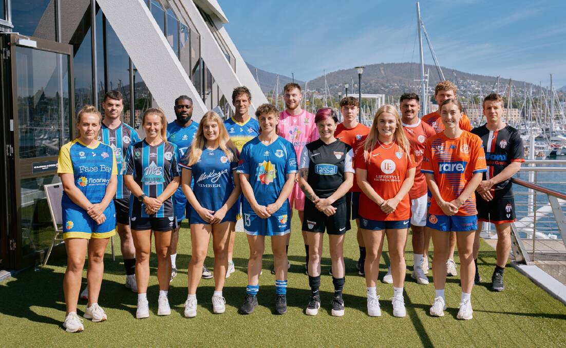 Representatives of the seven Women's Super League and eight NPL Tasmania teams at Friday's season launch. Picture Facebook