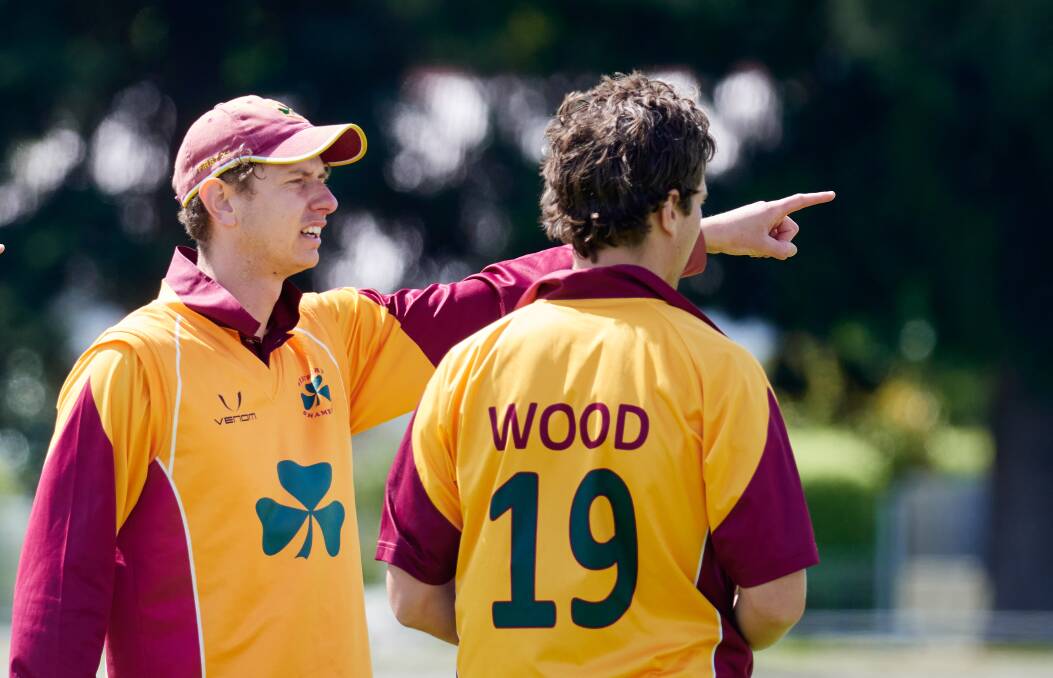 Daniel Murfet and Oliver Wood discuss field placements as Westbury take on Latrobe on Sunday. Picture by Rod Thompson 