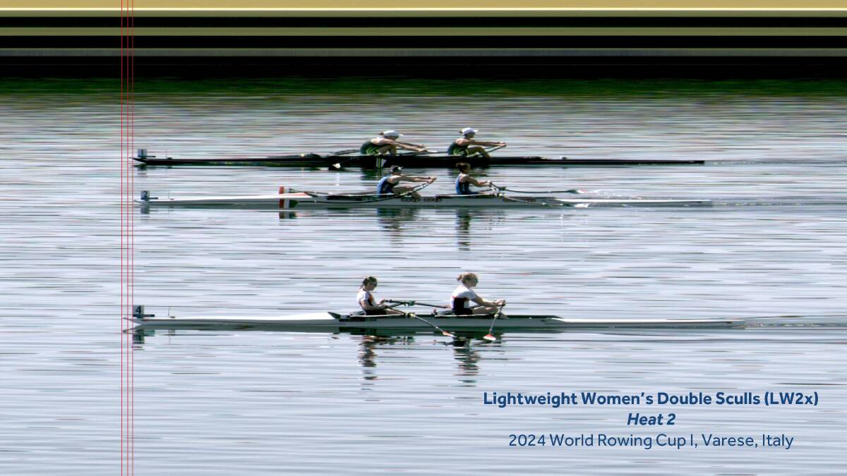 Anneka Reardon and Georgia Miansarow (top) finish second in their heat in Varese. Picture World Rowing