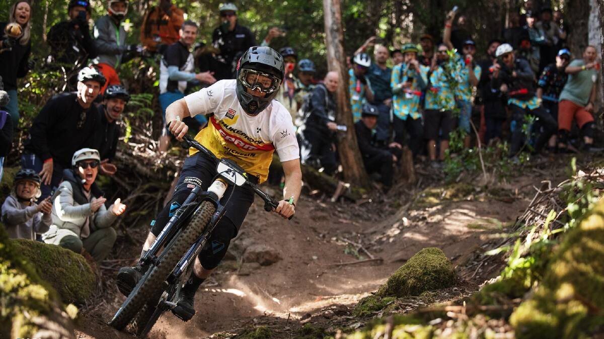 Tasmanian Dan Booker had plenty of support competing at Maydena last weekend. Picture UCI MTB World Series