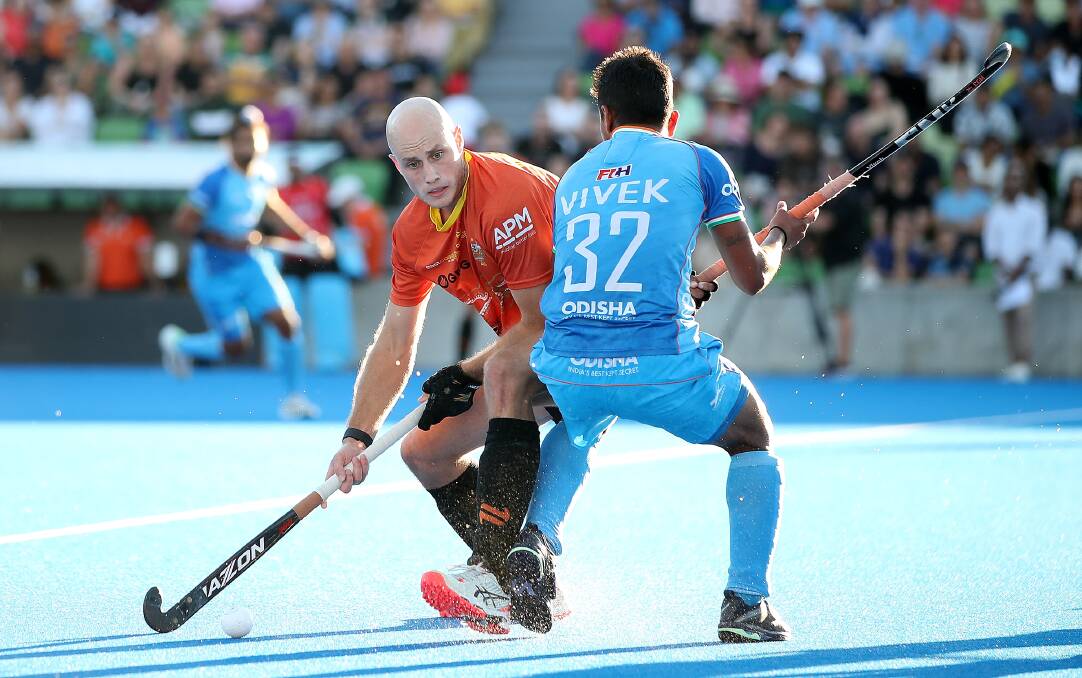 Jack Welch playing for the Kookaburras against India this week. Picture by Hockey Australia