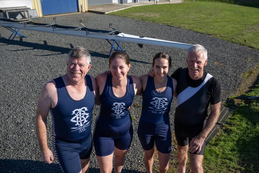 Alan Howard, 61, and his daughter Carmen Howard, 37, with Bridget Steenkamer, 31, and her dad Gerry Steenkamer, 65, preparing to compete in the Australian Masters Rowing Championships at Lake Barrington. Picture by Paul Scambler