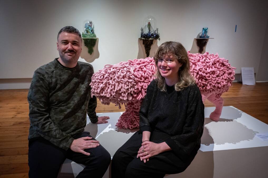 Featured artists Troy Emery and Kate Rohde with their work at the Strange Nature exhibition at QVMAG Royal Park. Picture by Paul Scambler. 