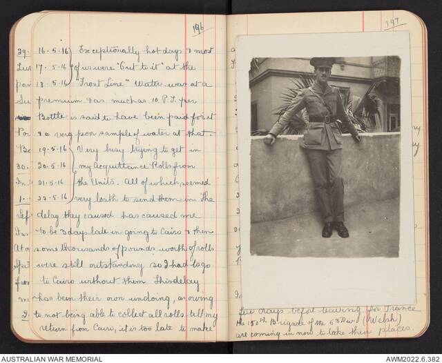 A page of Cyril Parry's diary from 16 May 1916. Picture from Australian War Memorial. 