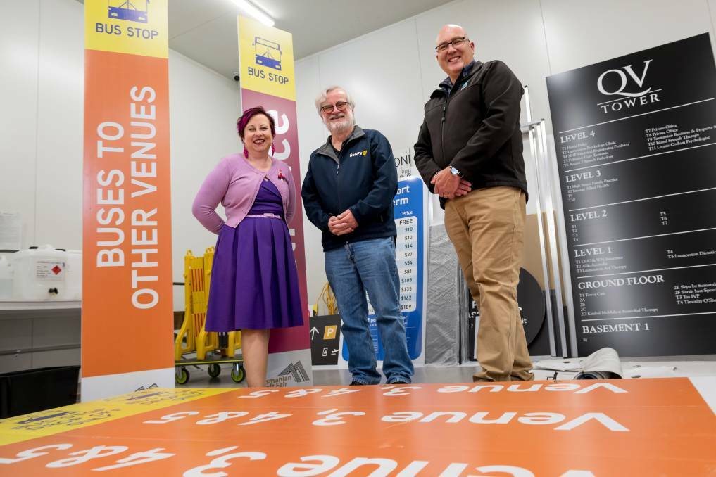 Visit Northern Tasmania CEO Tracey Mallett, Tasmanian Craft Fair Director Michael Plunkett and TCCI CEO Michael Bailey at the Tasmanian Craft Fair launch. Picture by Phillip Biggs
