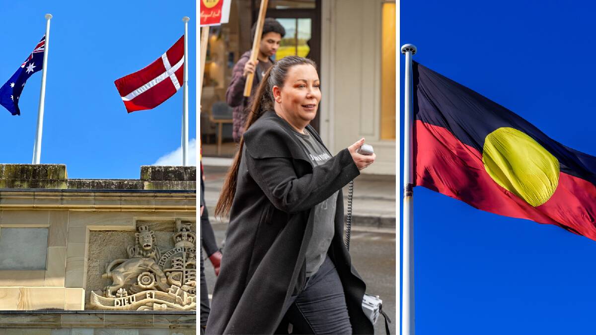 The Danish flag on Tasmanian State Parliament building. Nala Mansell at the NAIDOC Week March and the Aboriginal flag. Pictures supplied/Paul Scambler/Shutterstock. 