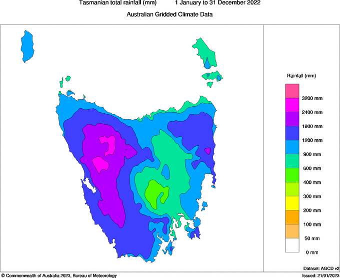 Rainfall data showed a contrast between eastern and western parts of the state. Total rainfall for Tasmania from 1 January to 31 December 2022. Picture by Bureau of Metereology. 