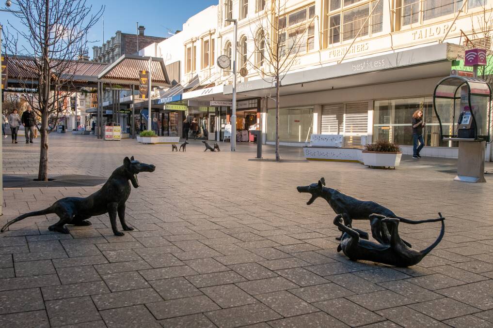 Brisbane Street Mall's controversial thylacine sculptures have been moved to Civic Square. Picture by Paul Scambler