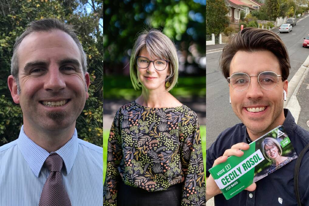 Greens candidates for Bass Tom Hall, Cecily Rosol and Jack Fittler. Supplied pictures