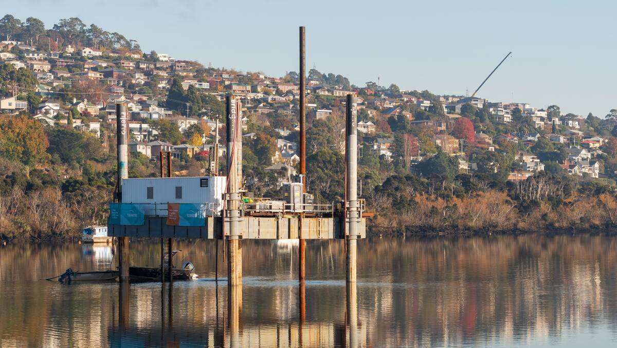 A TasWater barge is completing survey works in the kanamaluka/River Tamar over the next two months. Photo: Philip Biggs