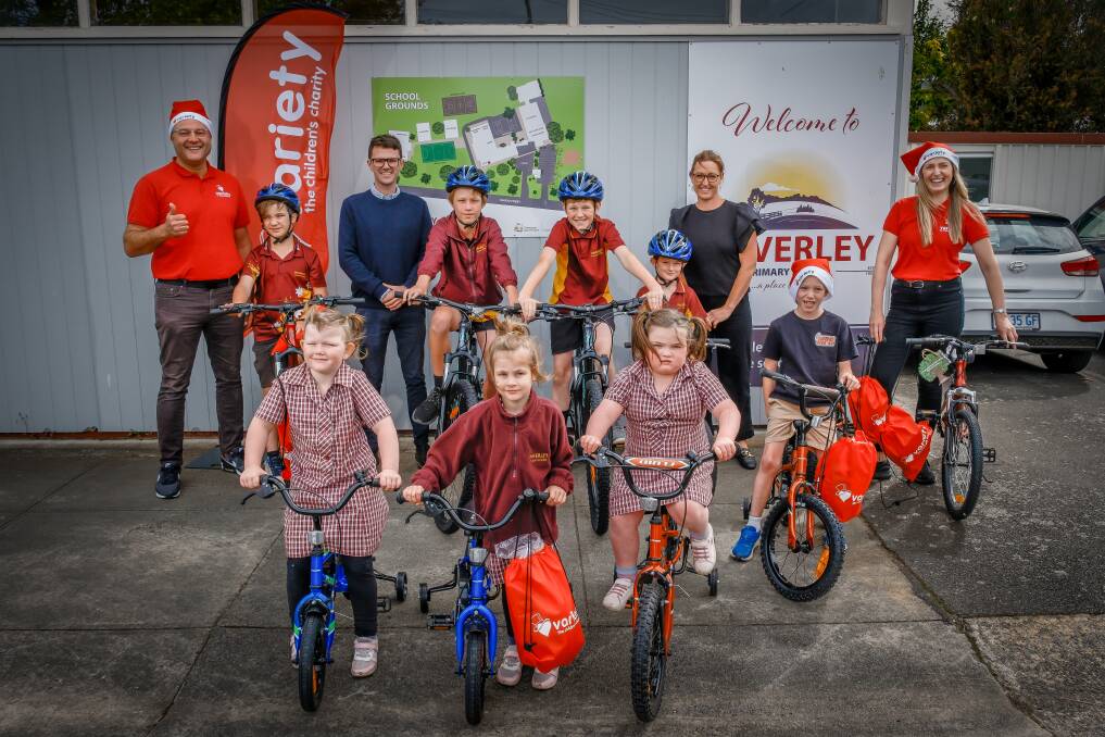 Waverley Primary School students recieved free, new bikes from a Variety charity program donating 100 bikes to kids in need. Picture by Craig George