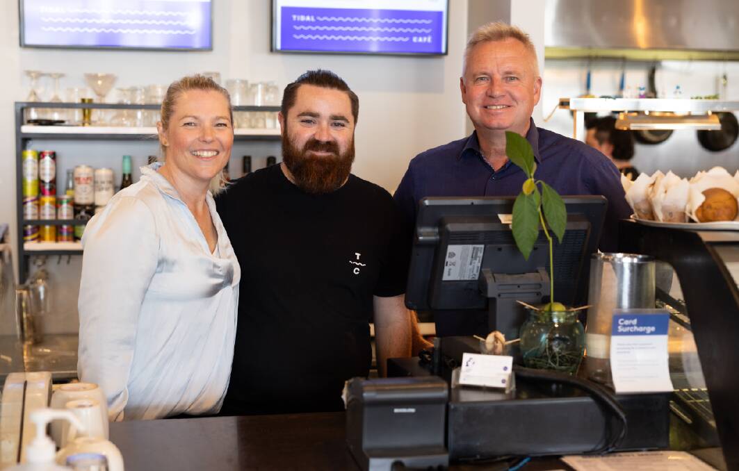 Liberal candidate for Bass Sarah Quaile, Tidal Cafe owner Jack Davern and Premier Jeremy Rockliff. Picture supplied