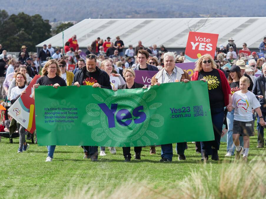 Liberal Bass MHR Bridget Archer, Greens Tasmanian Senator Peter Whish-Wilson, Labor Bass MHA Michelle O'Byrne, Labor Lyons MHR Brian Mitchell and Donna Watson at the Walk for Yes in Launceston. Picture by Rod Thompson 