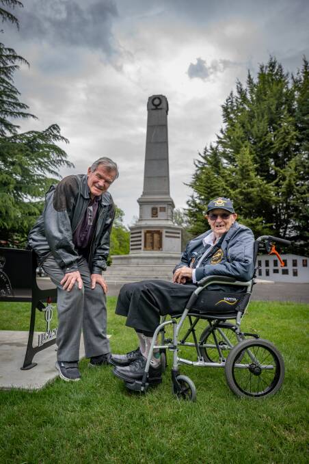 Alan James and his dad, Edward James, a 99-year-old WWII Veteran, of Launceston, at the Launceston Cenotaph. Picture by Paul Scambler 