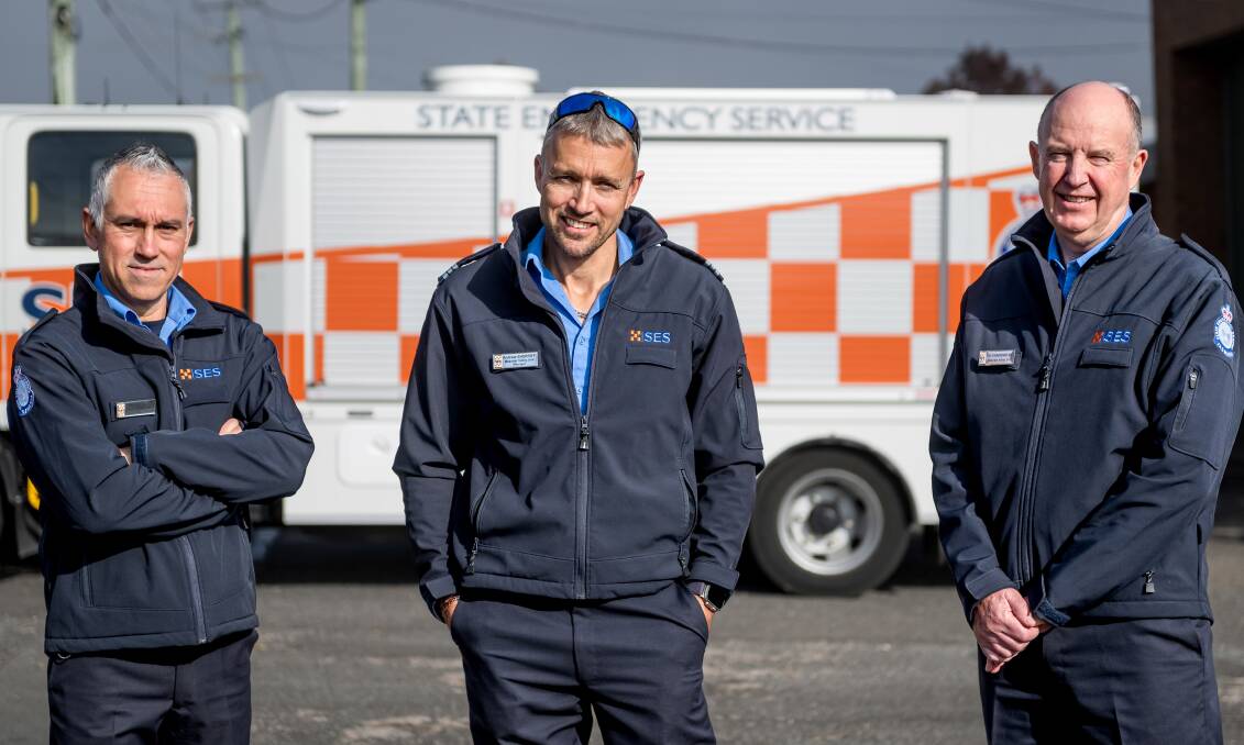Meander Valley SES Unit celebrate their 40th anniversary. Unit members Doug Wadley, unit manager Andrew Sherriff and Ian Vanderbeek at the rescue unit in Deloraine. Picture by Phillip Biggs