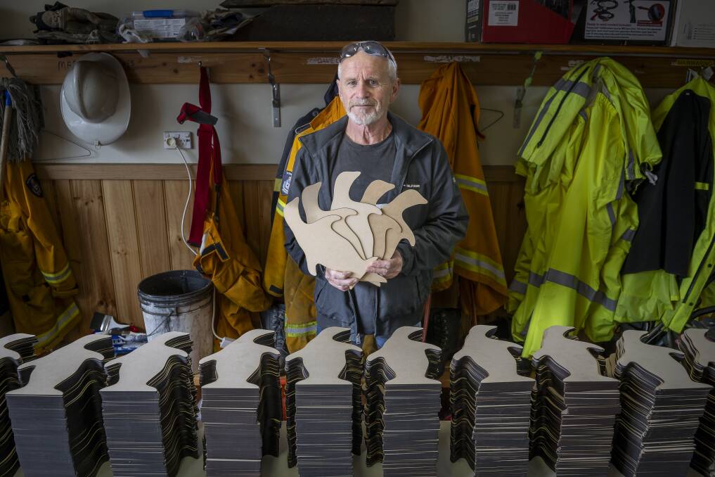 Turners Marsh board member Greg Stewart with laser cut penguins. Picture by Craig George