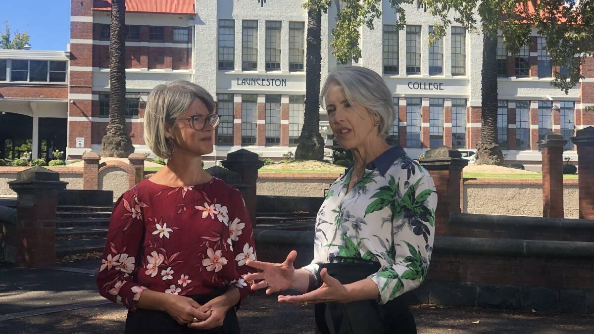 Greens candidate for Bass Cecily Rosol, with Greens Leader Rosalie Woodruff announcing the policy outside Launceston College
