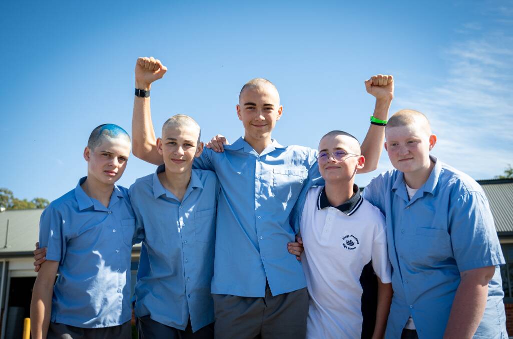 Kings Meadows High students, Jarvis Hjort grade eight, Eamon Farrell grade eight, Arthur Bishop Grade ten, Rohan Wilson grade seven and Ethan Kelb grade nine, after having their heads shaved for the World's Greatest Shave. Picture by Paul Scambler