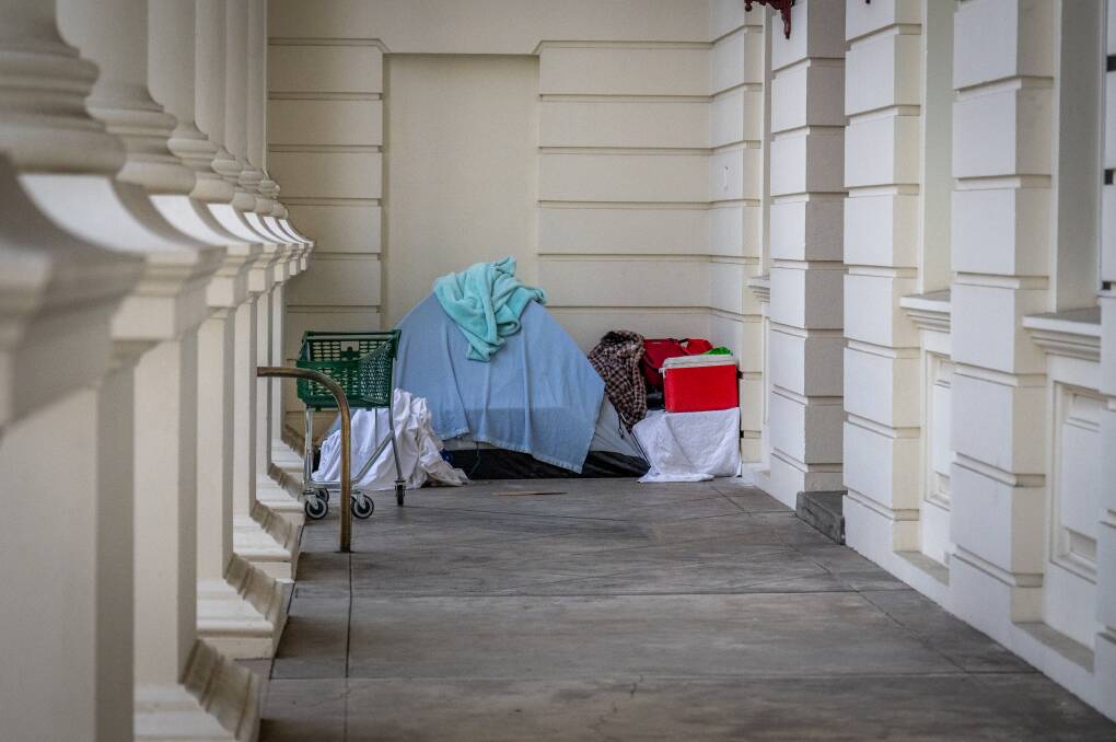 A homeless person camped in front of Launceston's town hall.
Picture by Paul Scambler.
